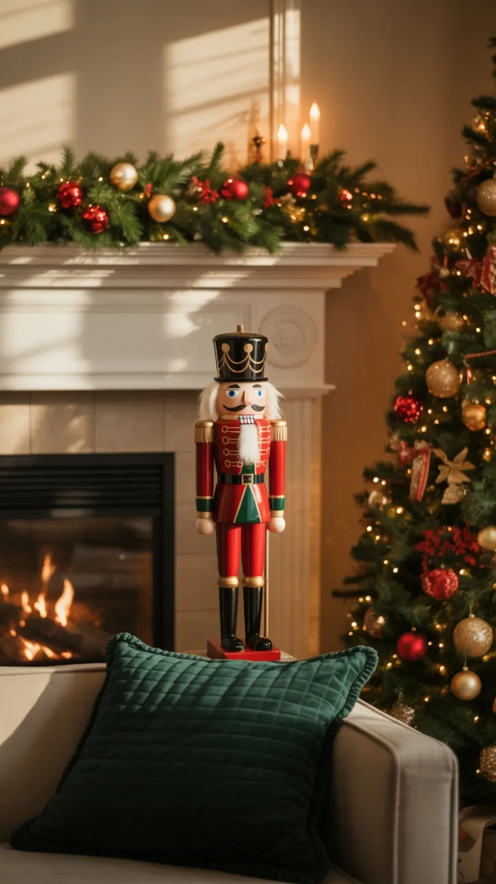 Fireside Nutcracker on Velvet Amid Garland and Twinkling Lights