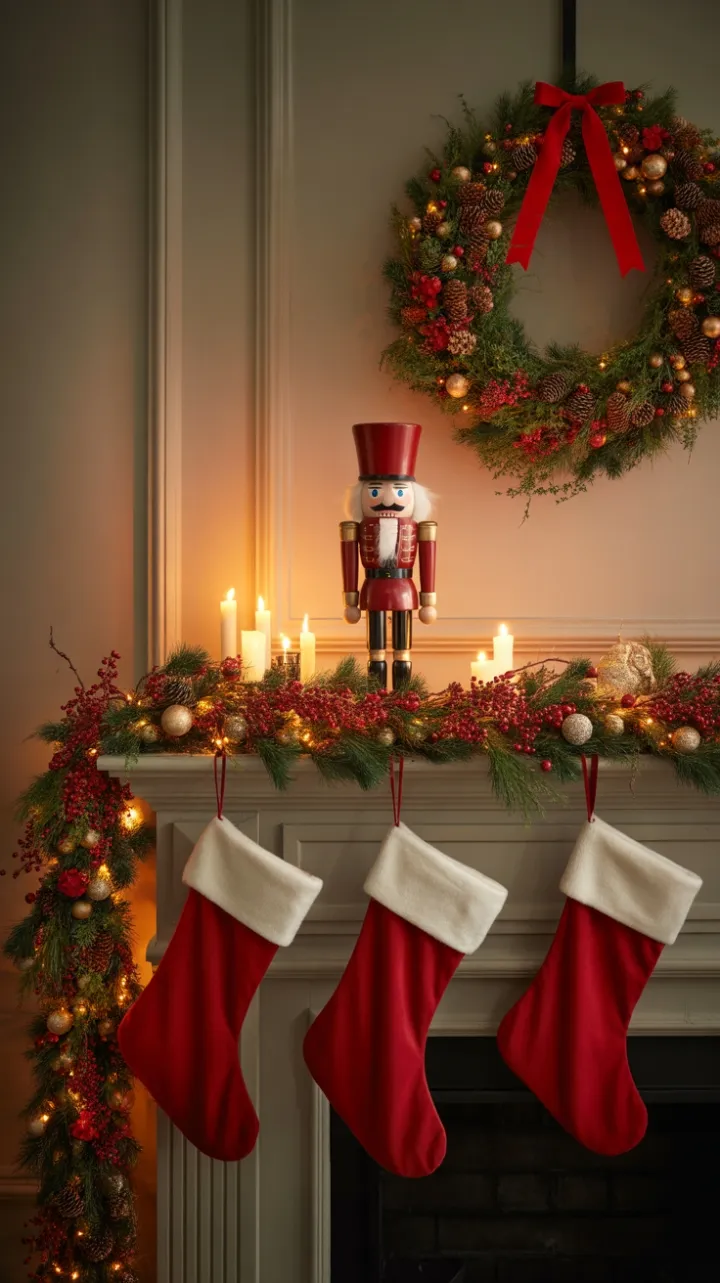 Candlelit Christmas Mantel with Nutcracker, Velvet Stockings and Golden Garland