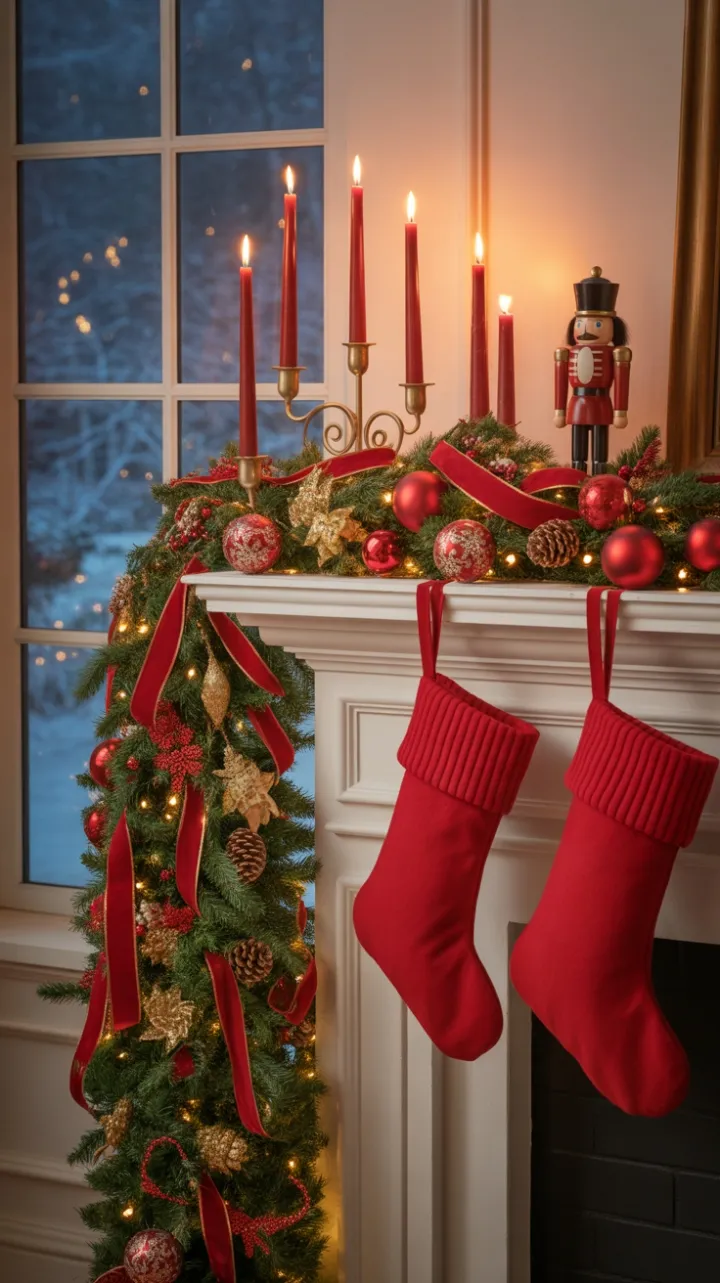 Candlelit Mantel Dressed in Velvet, Gold and Snow