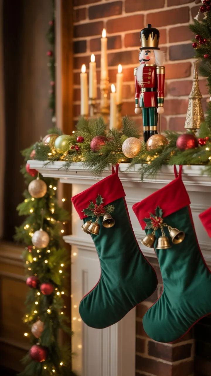 Candlelit Nutcracker Mantel Draped in Velvet, Holly and Golden Bells