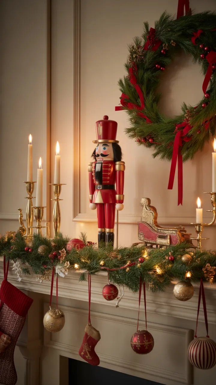 Timeless Christmas Mantel with Nutcracker and Velvet Garland
