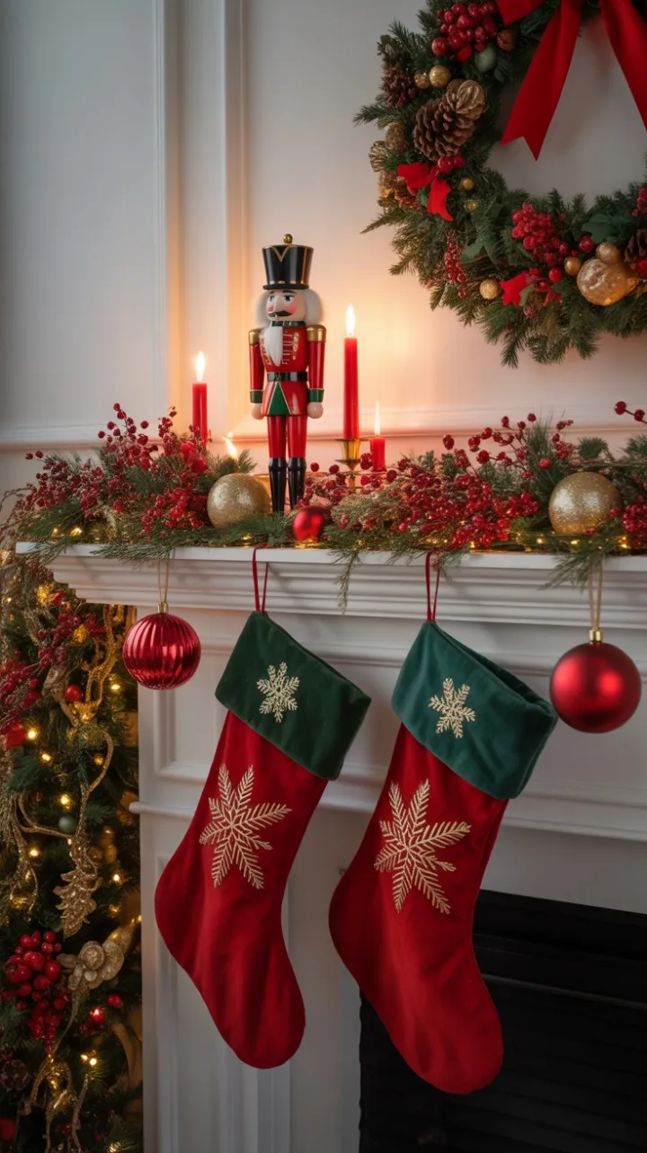 Classic Christmas Mantel Draped in Berries, Velvet Stockings and Golden Glow