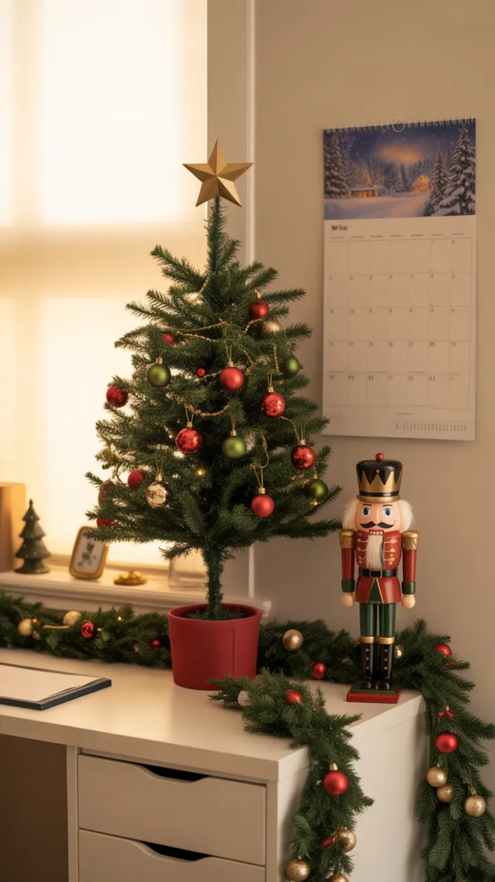 Cozy Christmas Desk with Nutcracker, Mini Tree and Warm Winter Glow