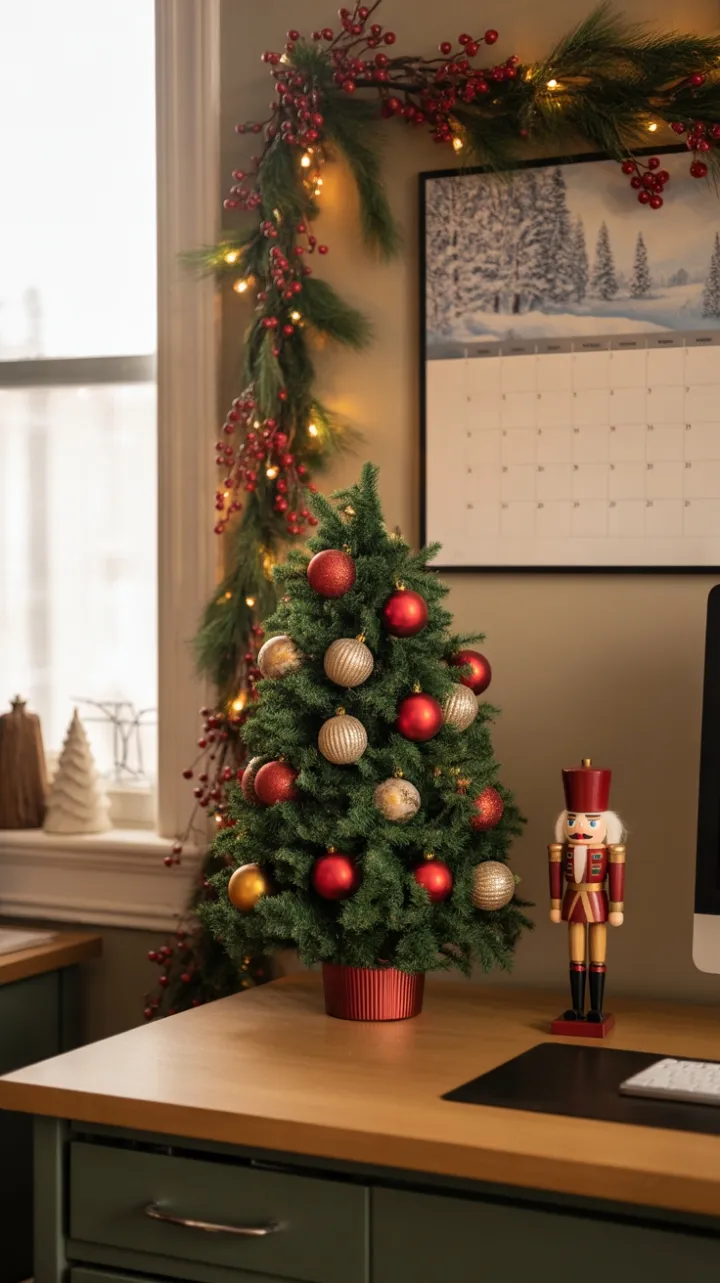 Cozy Holiday Desk Scene with Mini Evergreen and Charming Nutcracker