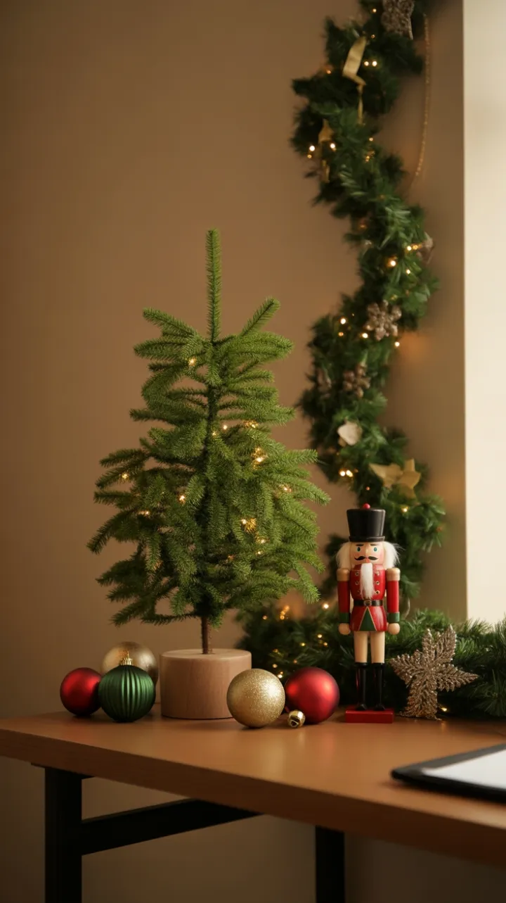 Warm Office Christmas with Mini Fir Nutcracker and Timeless Ornaments