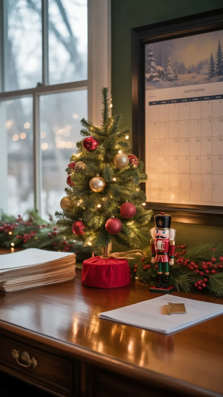 A Cozy Classic Christmas Desk with Nutcracker and Evergreen