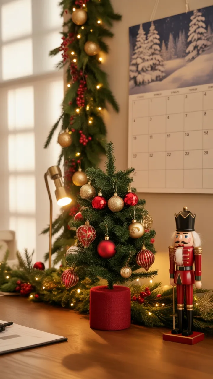 Cozy Vintage Christmas Desk with Nutcracker and Miniature Evergreen