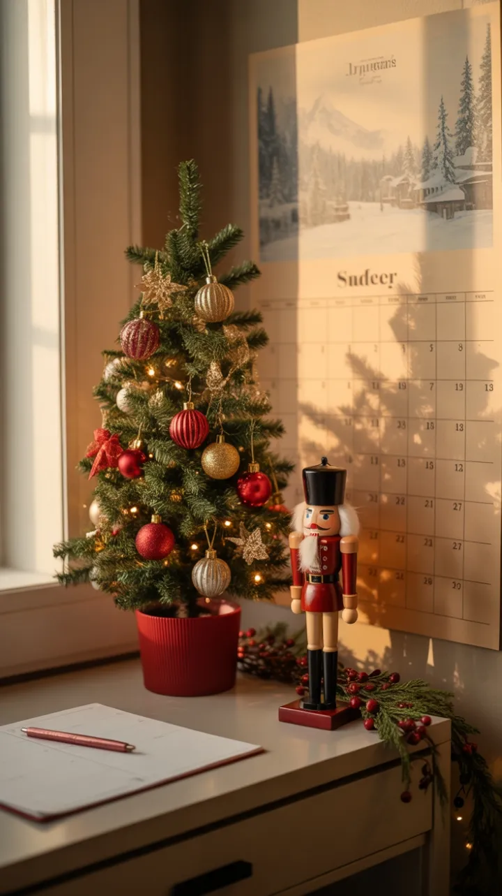 Warm Vintage Christmas Desk with Miniature Tree, Nutcracker, and Snowy Calendar