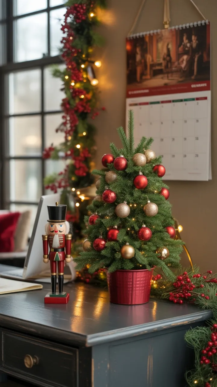 Cozy Christmas Desk with Mini Evergreen, Vintage Nutcracker, and Festive Garland
