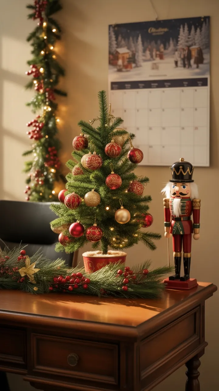Nostalgic Office Christmas Desk Bathed in Golden Light