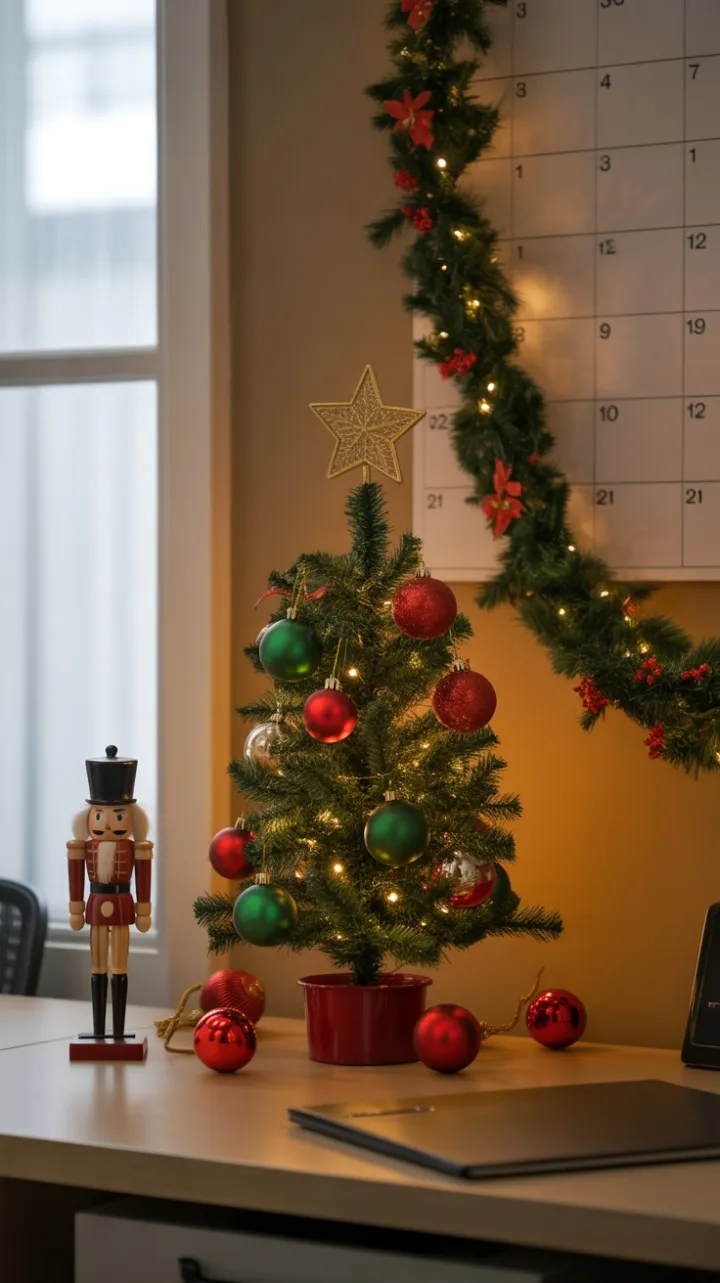 Cozy Christmas Desk with Mini Fir and Nutcracker
