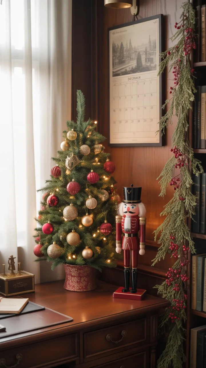 Mahogany Desk Fir Tree and Nutcracker in a Cozy December Glow