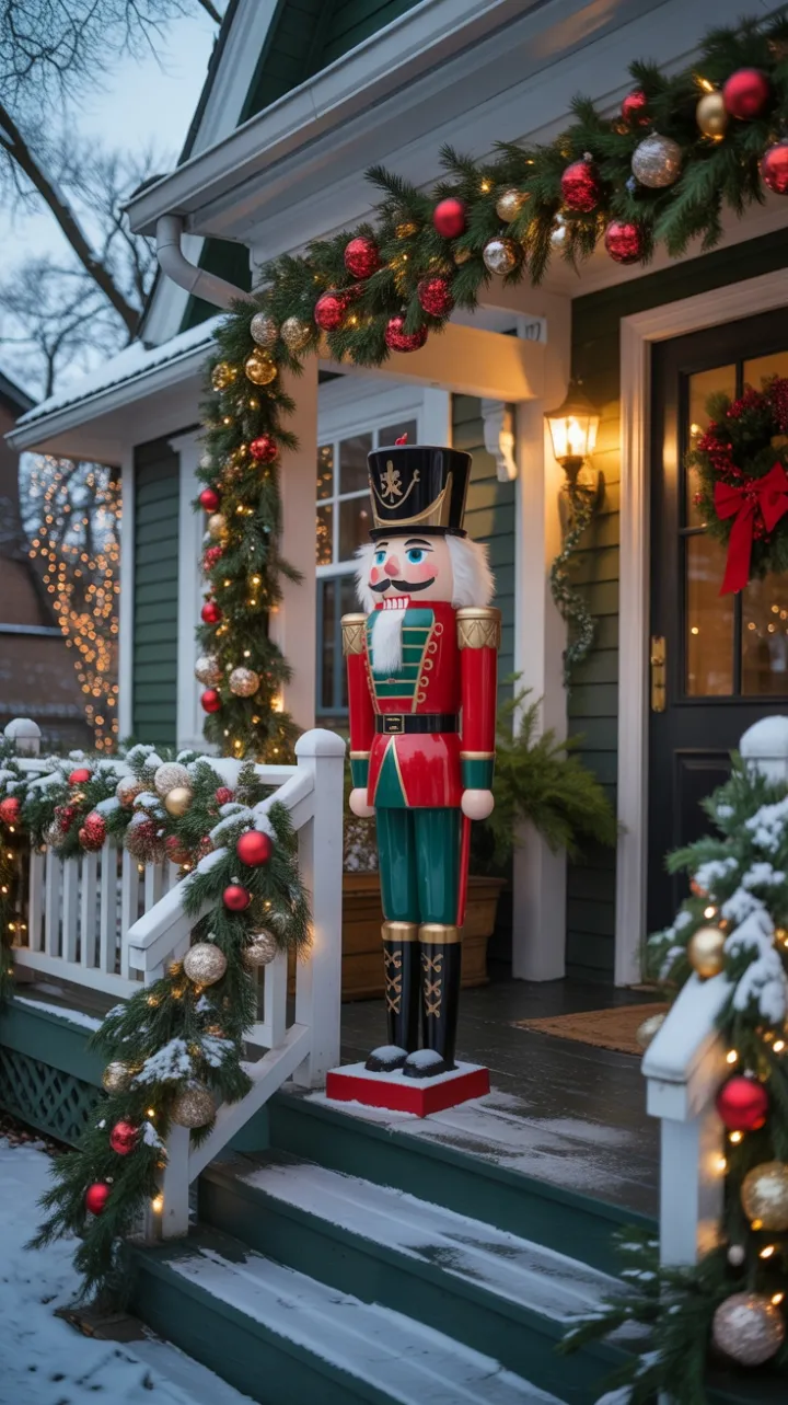 Twilight Nutcracker on a Garlanded Christmas Porch