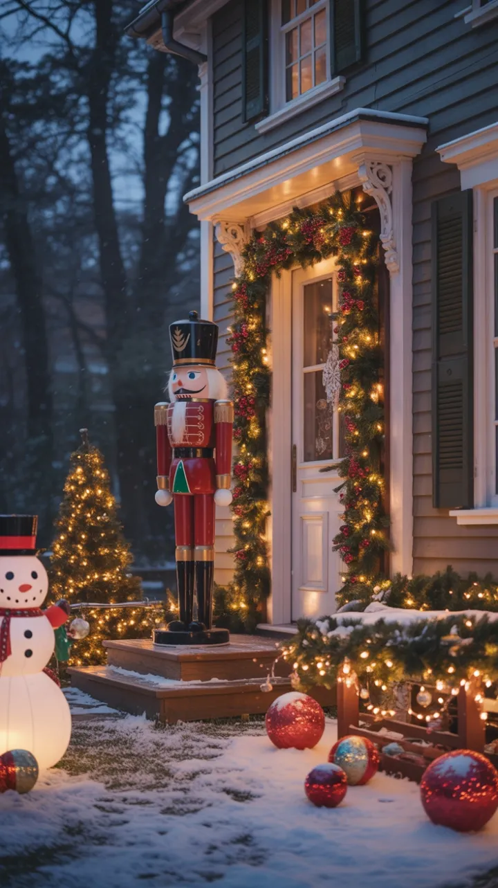 Snow-Kissed Victorian Porch Guarded by a Nutcracker