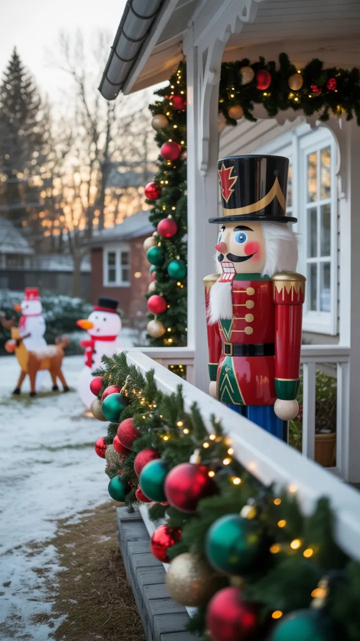 Twilight Nutcracker on a Snow-Kissed Holiday Porch