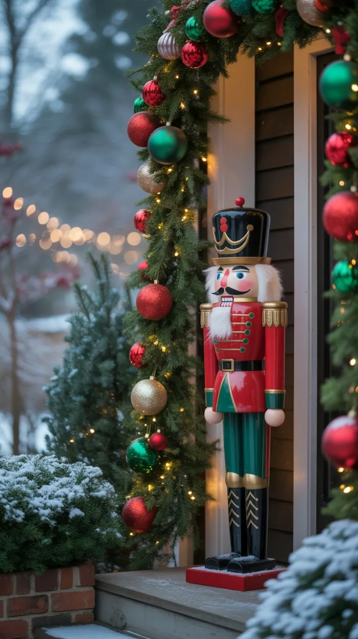 Snow-Kissed Nutcracker Guards Warmly Lit Holiday Porch