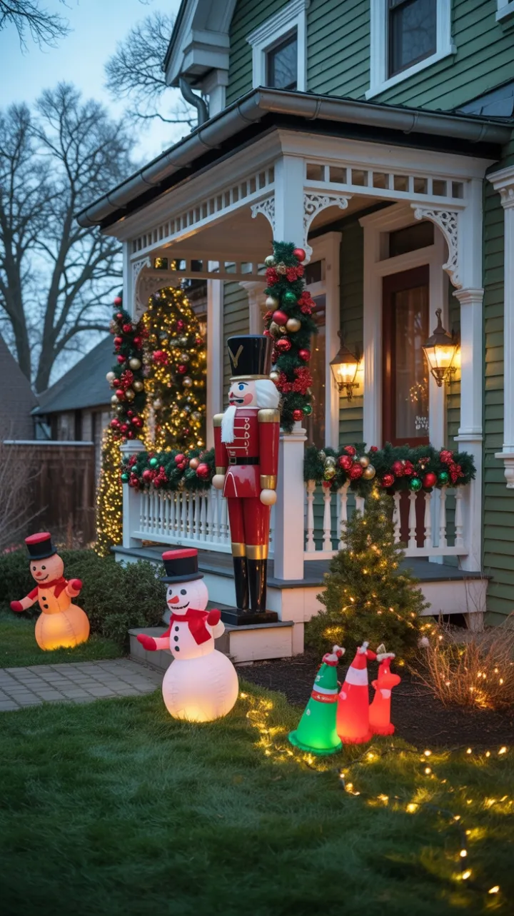 Nutcracker on a Victorian Porch in a Twinkling Christmas Wonderland