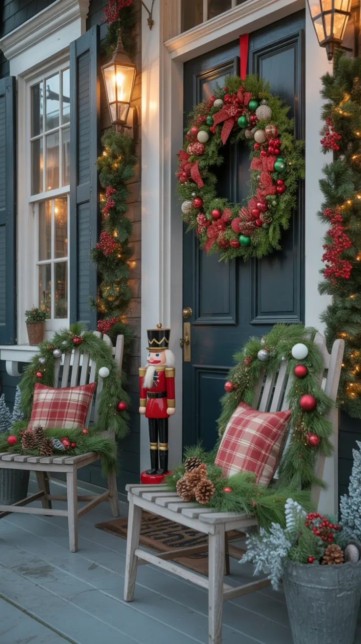 Victorian Porch Wrapped in Holiday Wreaths, Garlands, and Warm Glow
