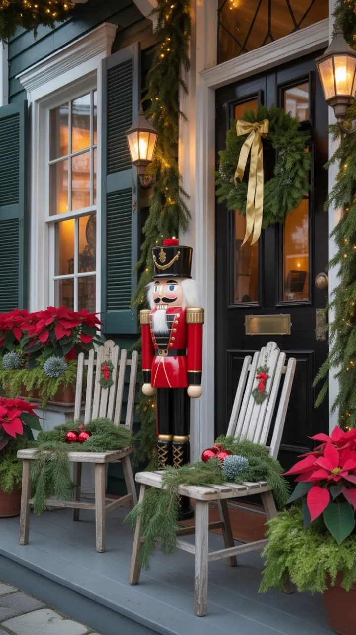 Nutcracker Sentinel on a Festive Victorian Porch