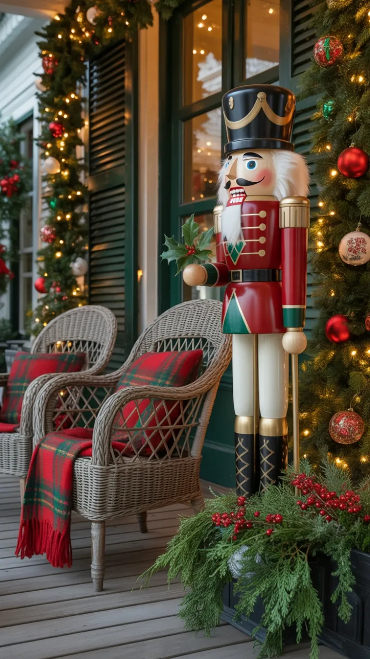 Stately Nutcracker Guards a Cozy, Garland-Lined Christmas Porch