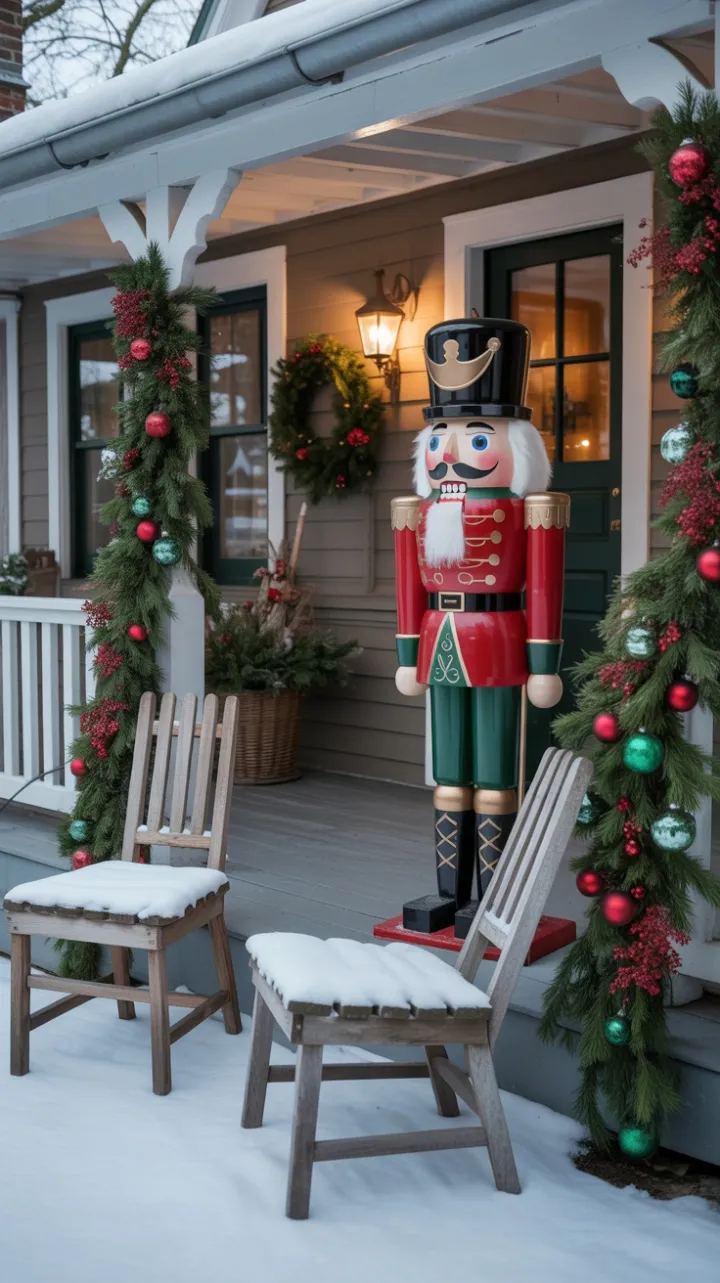 Snow-Kissed Farmhouse Porch Welcomes a Cheerful Nutcracker