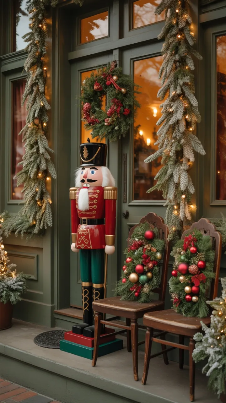 Regal Nutcracker on a Victorian Christmas Porch