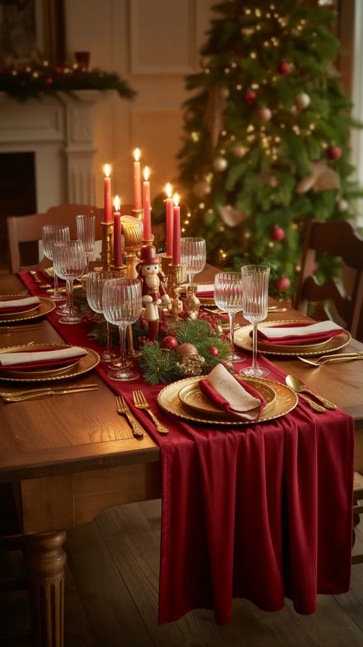 Crimson Velvet Christmas Table Bathed in Warm Candlelight