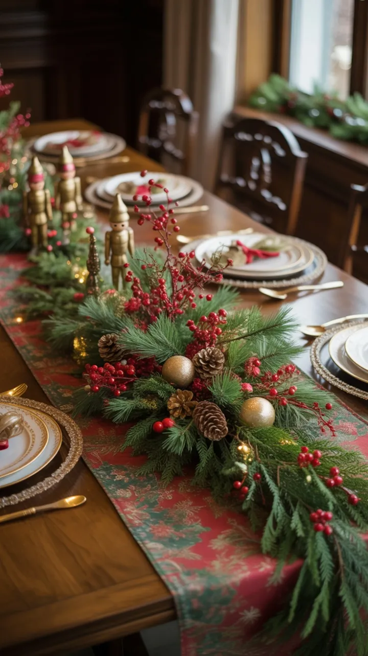 Heirloom Christmas Table Dressed in Evergreens, Berries and Gold