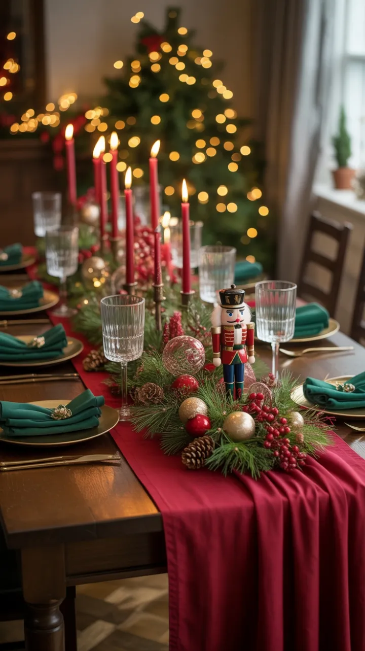 Crimson Runner, Emerald Accents and Candlelit Christmas Charm