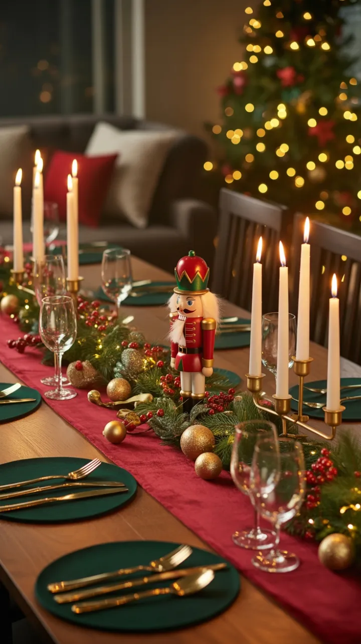 Candlelit Christmas Table with Velvet Runner and Nutcracker Centerpiece