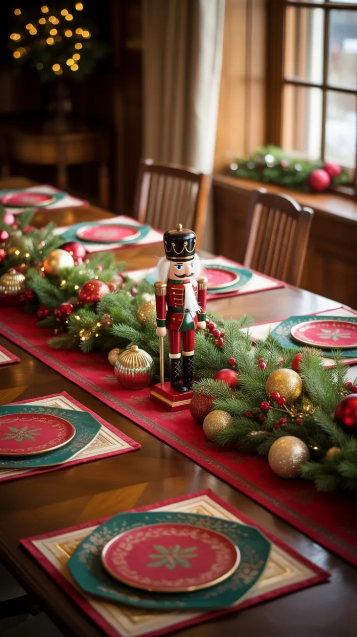Nutcracker Centerpiece on a Warm Gold and Ruby Holiday Table