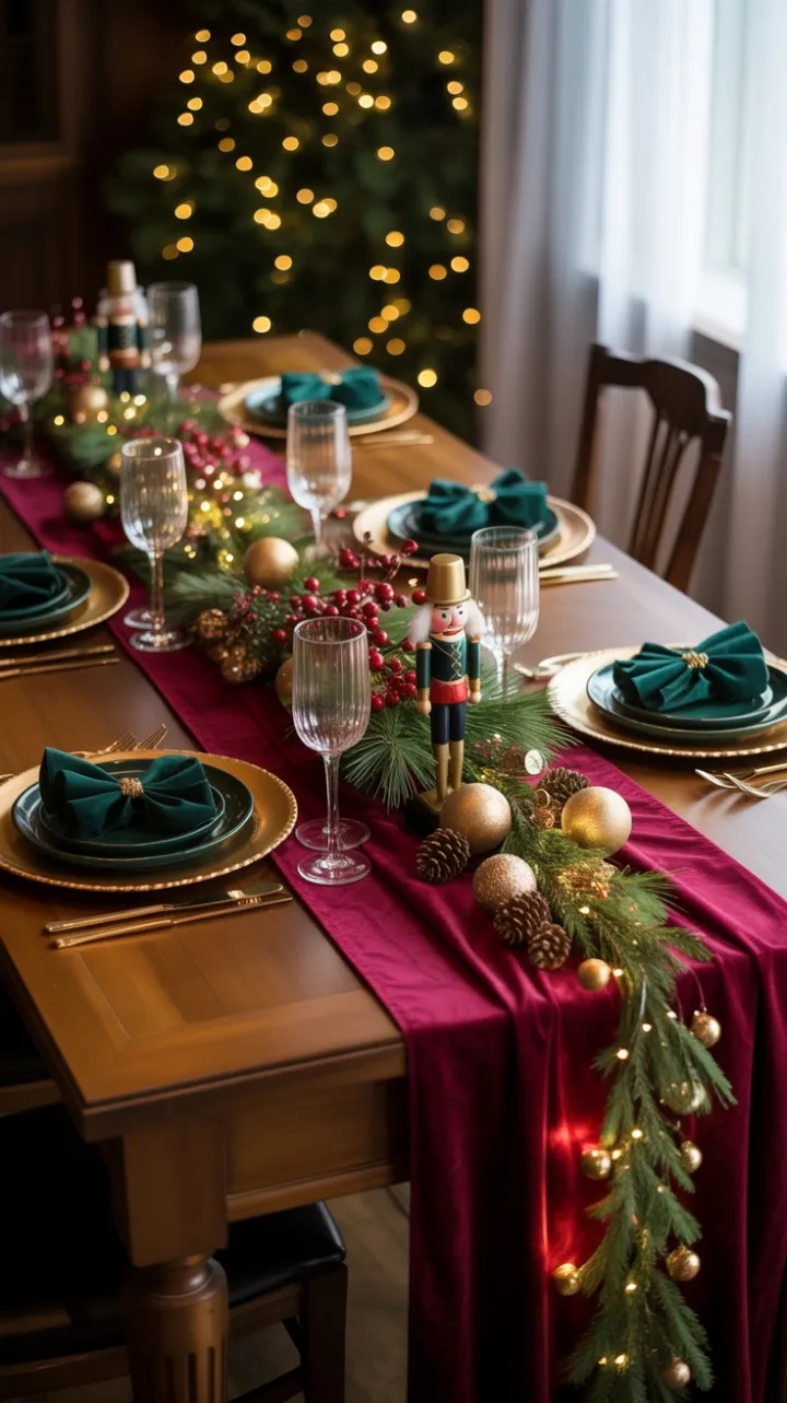 Burgundy Velvet Holiday Table Wreathed in Pine and Gold