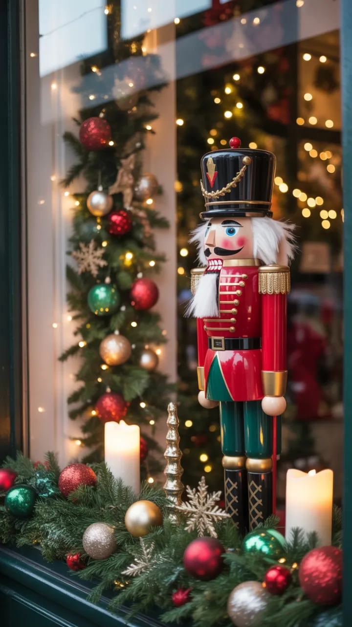 Nutcracker on Duty in a Twinkling Holiday Window