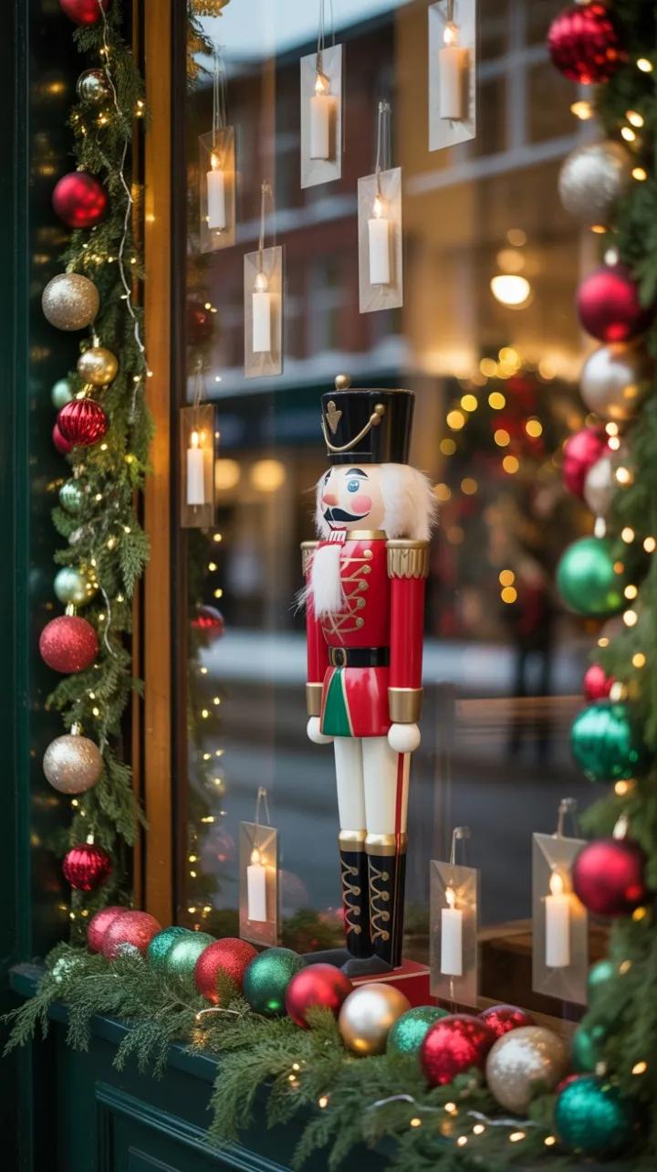 Scarlet Nutcracker in a Twinkling Holiday Window