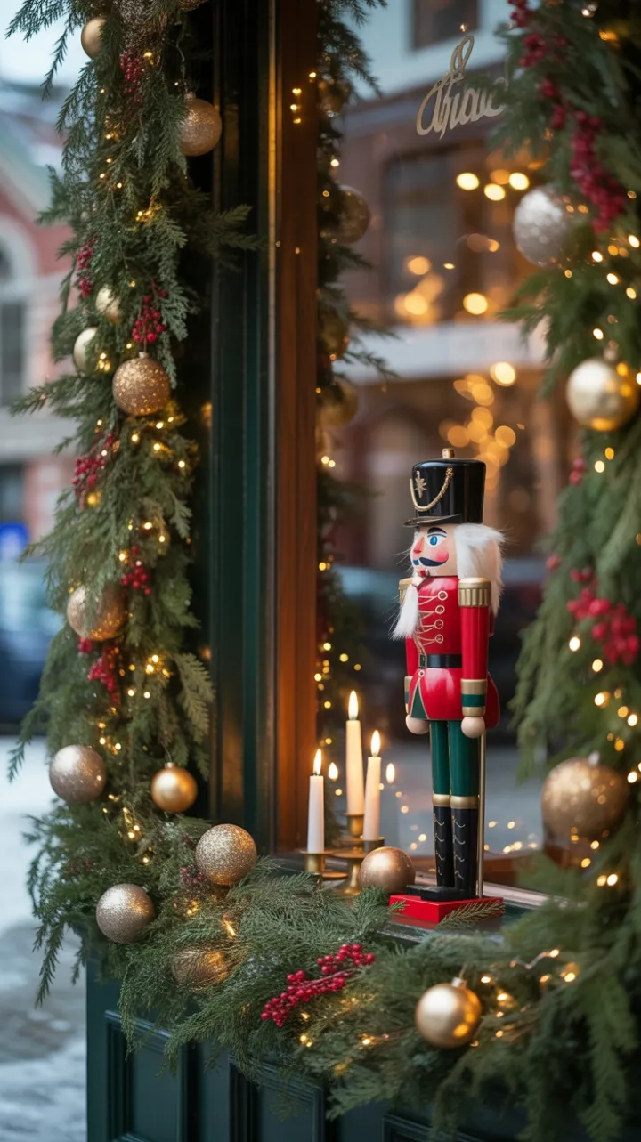 Nutcracker in a Garlanded Window of Gold and Snow