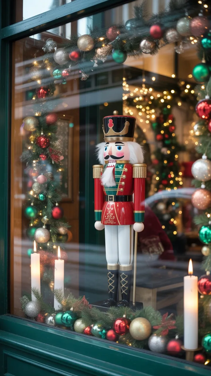 Stately Nutcracker Keeping Watch in a Frosted Holiday Window