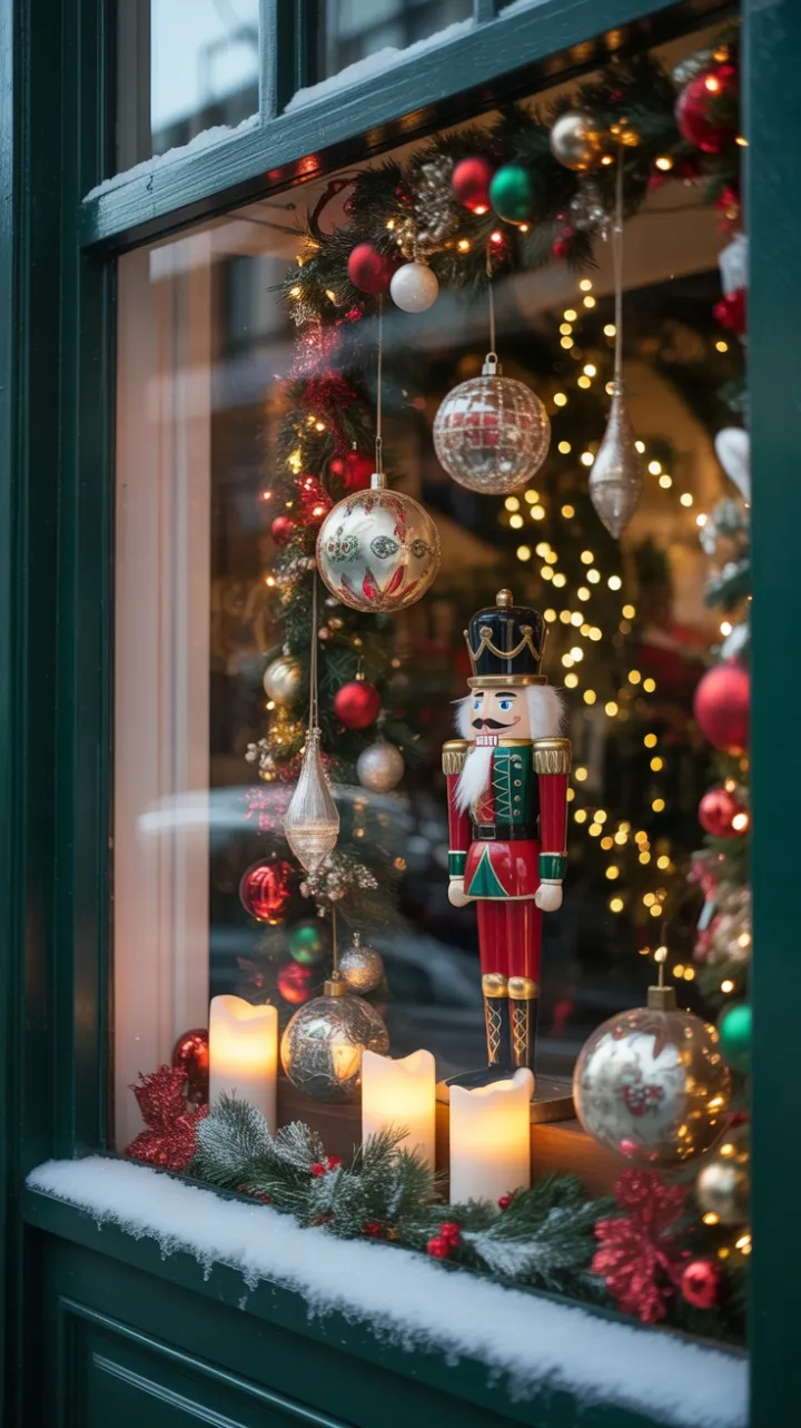 Classic Nutcracker Christmas Window Aglow with Twinkling Lights