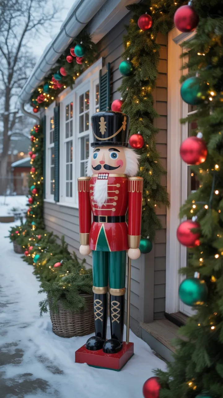 Snow-Kissed Nutcracker Porch Bathed in Warm Holiday Lights