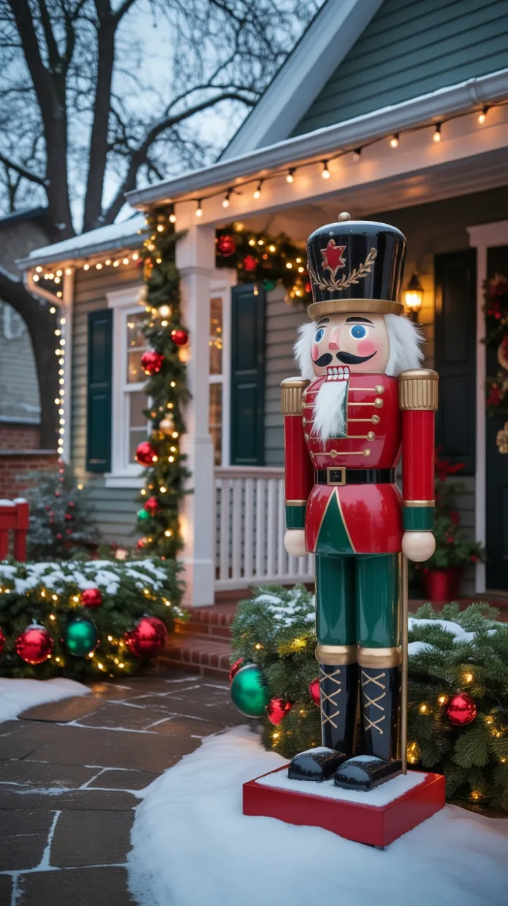 Nutcracker Sentinel on a Snow-Kissed, Light-Laced Holiday Porch