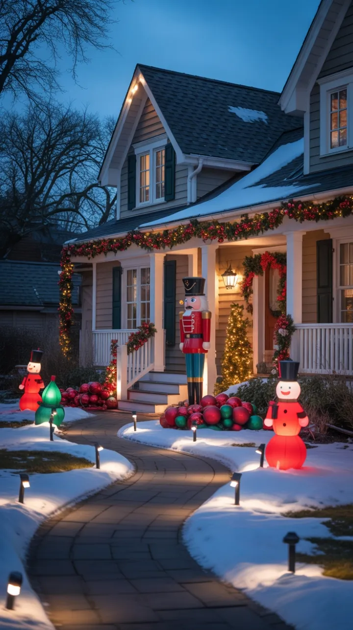Twilight Christmas Welcome with Nutcracker, Garlands and Twinkling Lights