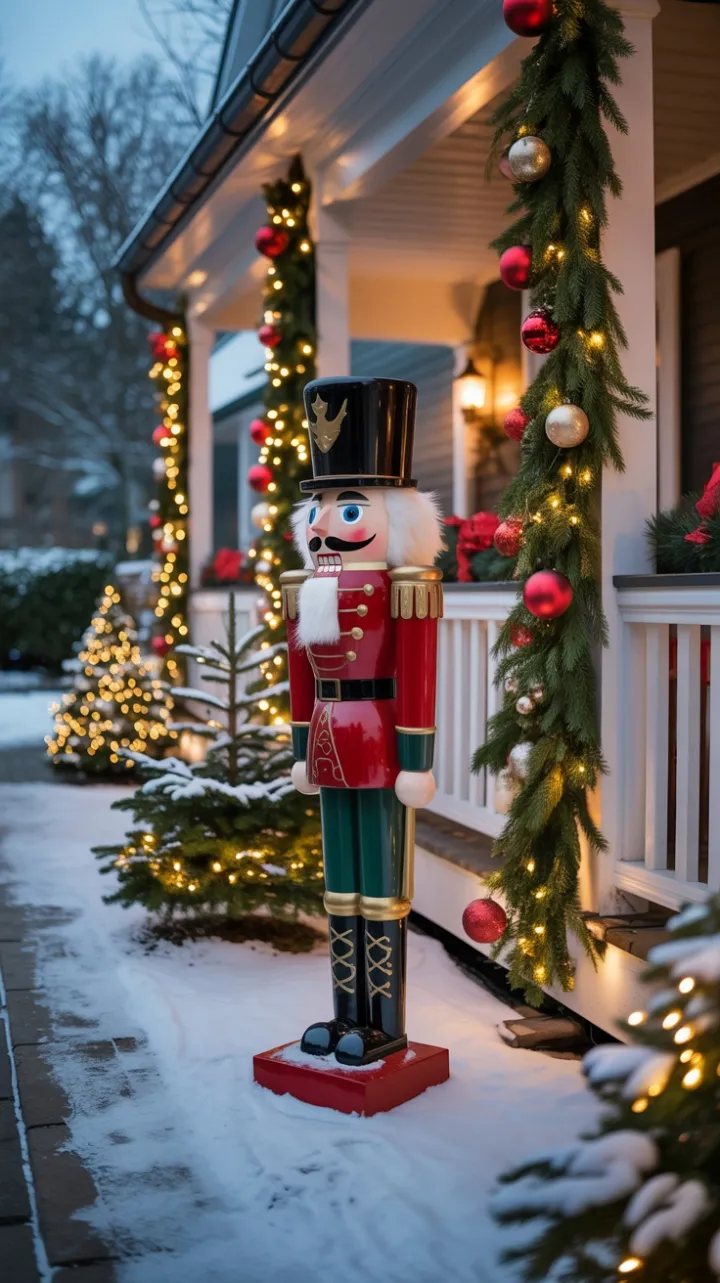 Nutcracker Standing Guard on a Snowy, Warmly Lit Christmas Porch
