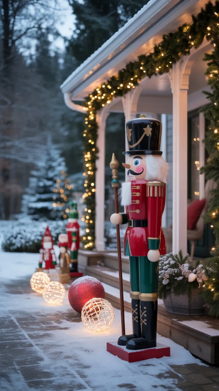 Snow-Kissed Nutcracker Guarding a Twinkling Holiday Lawn