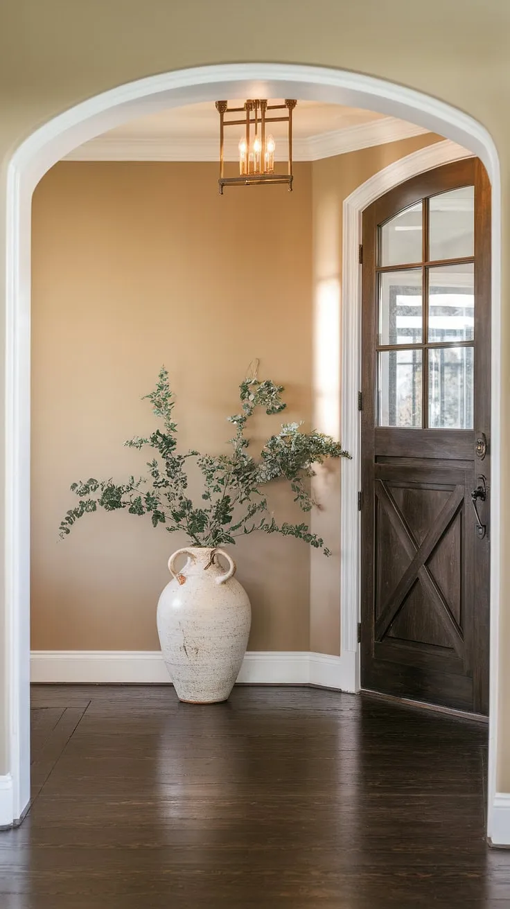 Hallway ideas for a timeless home: this traditional entryway, with its dark wood door and beige walls, offers inspiration for hallway wall ideas and house design entryway projects. The clean entryway decor and neutral palette create an elegant hallway design.