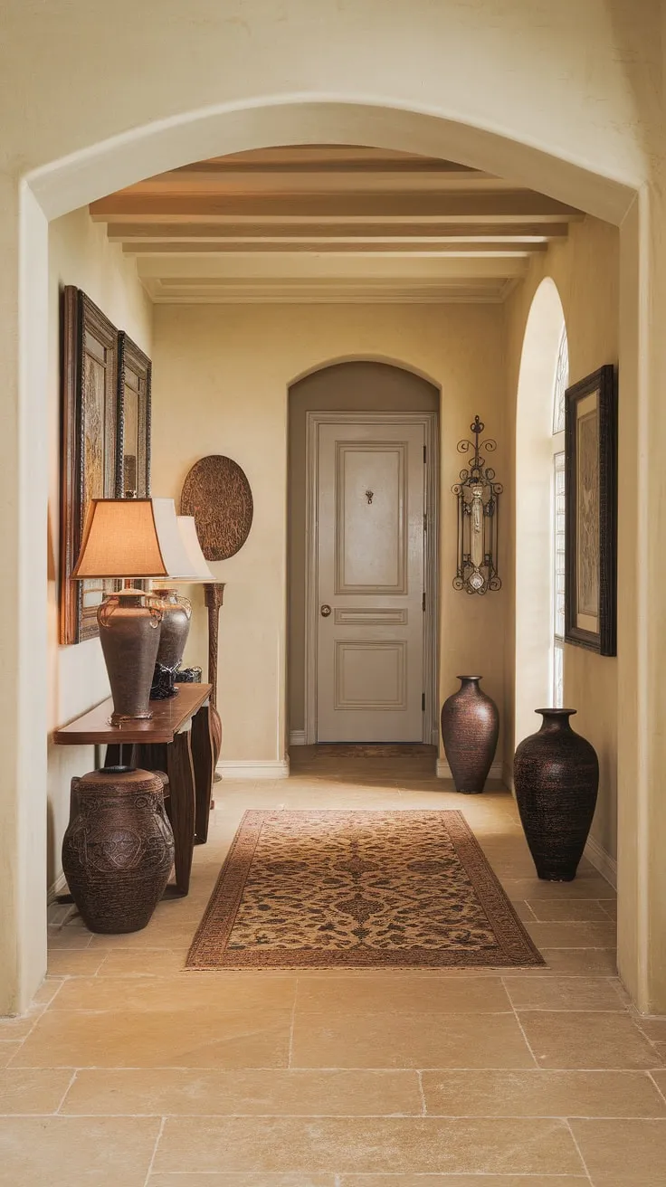 This image perfectly captures hallway ideas for a sophisticated home. The beige home decor ideas create a calming neutral entrance hall, while the decorative hallway decor adds personality. Note the elegant hallway design and clean entryway decor, all set against the beautiful hallway flooring ideas in this traditional entryway. The subtle touches make this a stunning example of house design entryway.