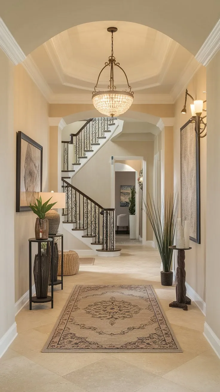Step into elegance with this traditional entryway, showcasing sophisticated hallway ideas and clean entryway decor. The neutral entrance hall, complete with beige home decor ideas and decorative hallway decor, sets a welcoming tone. Hallway flooring ideas are beautifully complemented by the elegant hallway design and hallway wall ideas.