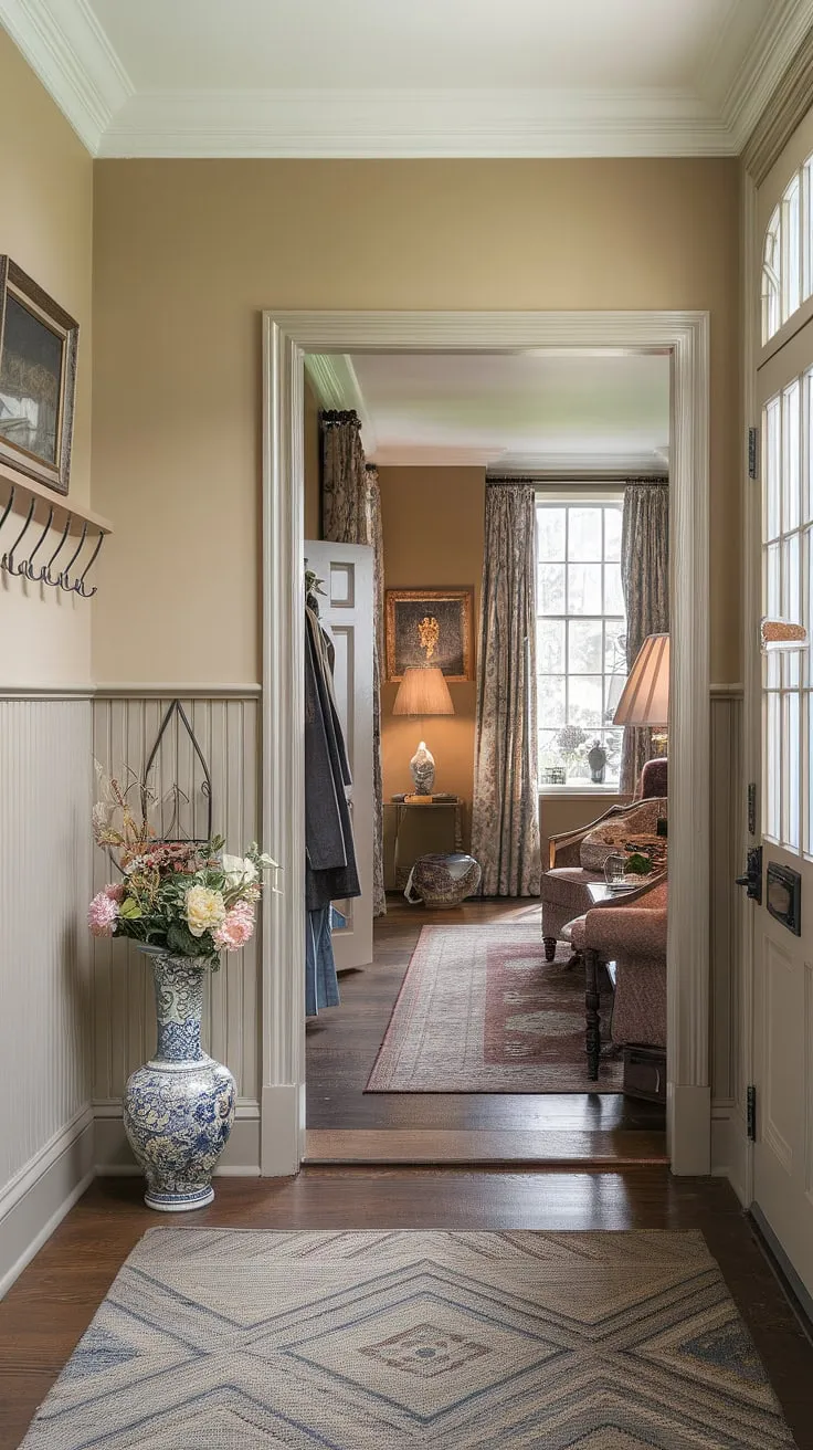 A serene and traditional entryway welcomes you with its clean entryway decor. The neutral entrance hall, featuring beige home decor ideas and elegant hallway design, showcases tasteful decorative hallway decor, including floral arrangements. Note the hallway flooring ideas and hallway wall ideas, creating a cohesive and sophisticated space. This house design entryway seamlessly flows into a hallway, offering further inspiration for hallway ideas.
