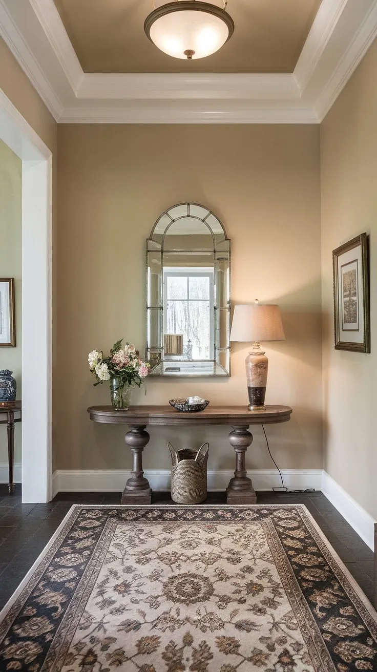 Step into elegance with this traditional entryway, showcasing clean entryway decor and neutral entrance hall style. Hallway ideas abound with this beige home decor, featuring decorative hallway decor and hallway flooring ideas that elevate house design entryway.