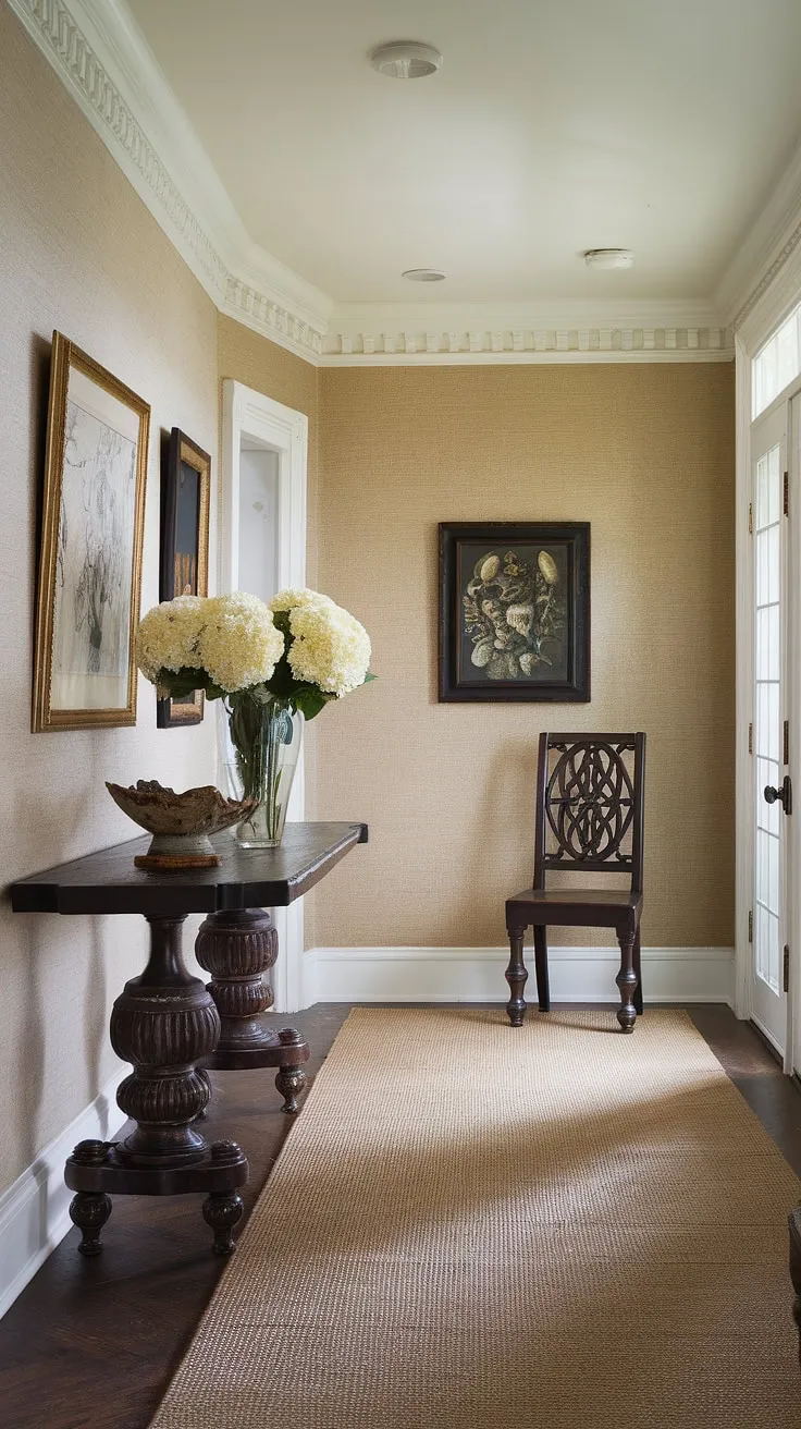 This elegant hallway design showcases a traditional entryway, perfectly embodying clean entryway decor. The neutral entrance hall, featuring beige home decor ideas and hallway wall ideas with subtle artwork, is anchored by a dark wood console table displaying a vase of white flowers and a decorative bowl. The matching chair and beige rug complete the look, offering inspiring hallway ideas and hallway flooring ideas for your own house design entryway. The natural light enhances the decorative hallway decor, creating a welcoming and sophisticated atmosphere.