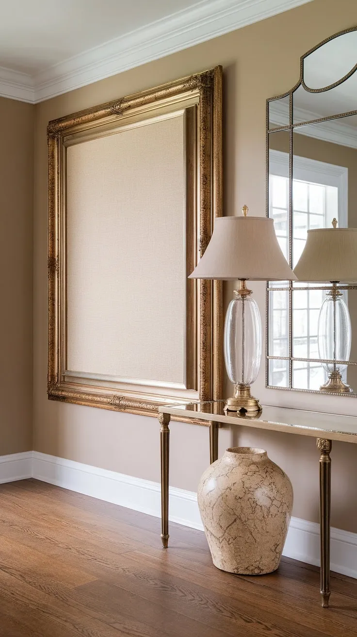 This traditional entryway boasts a clean entryway decor with elegant hallway design elements. The neutral entrance hall features beige home decor ideas, including a statement wall art piece and coordinating lamp, all set against a backdrop of warm, inviting hallway flooring ideas. The gold accents add a touch of sophistication to this house design entryway, offering inspiration for hallway ideas and hallway wall ideas.