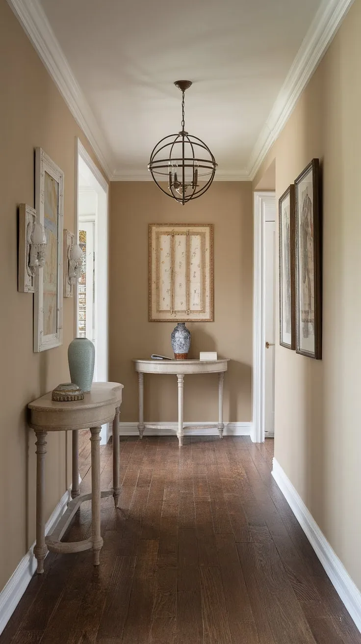 A traditional entryway defined by clean lines and sophisticated style. This house design entryway boasts beautiful hallway flooring ideas, beige home decor ideas, and thoughtful decorative hallway decor. Explore hallway ideas for your own elegant hallway design.